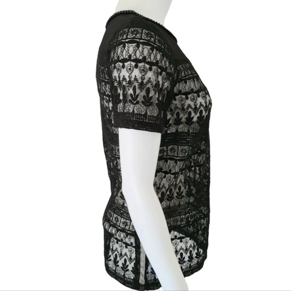 ZARA Black Crochet Lace Tee XS Beaded Neckline Sheer Mesh Nylon Punk Goth - Picture 3 of 14